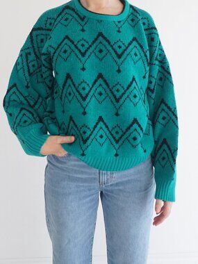 Vintage North Country Green Black Geometric Diamond Zig Zag Pattern Sweater M